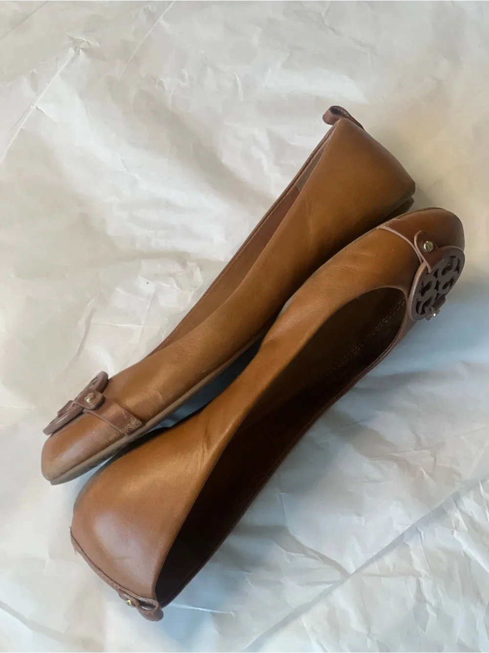 Tory Burch Tan Leather Logo Ballet Flats